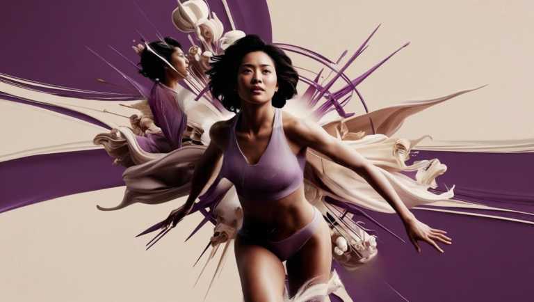 A woman in lavender sports attire running forward with flowing, abstract purple and cream shapes behind her, symbolizing power and transformation
