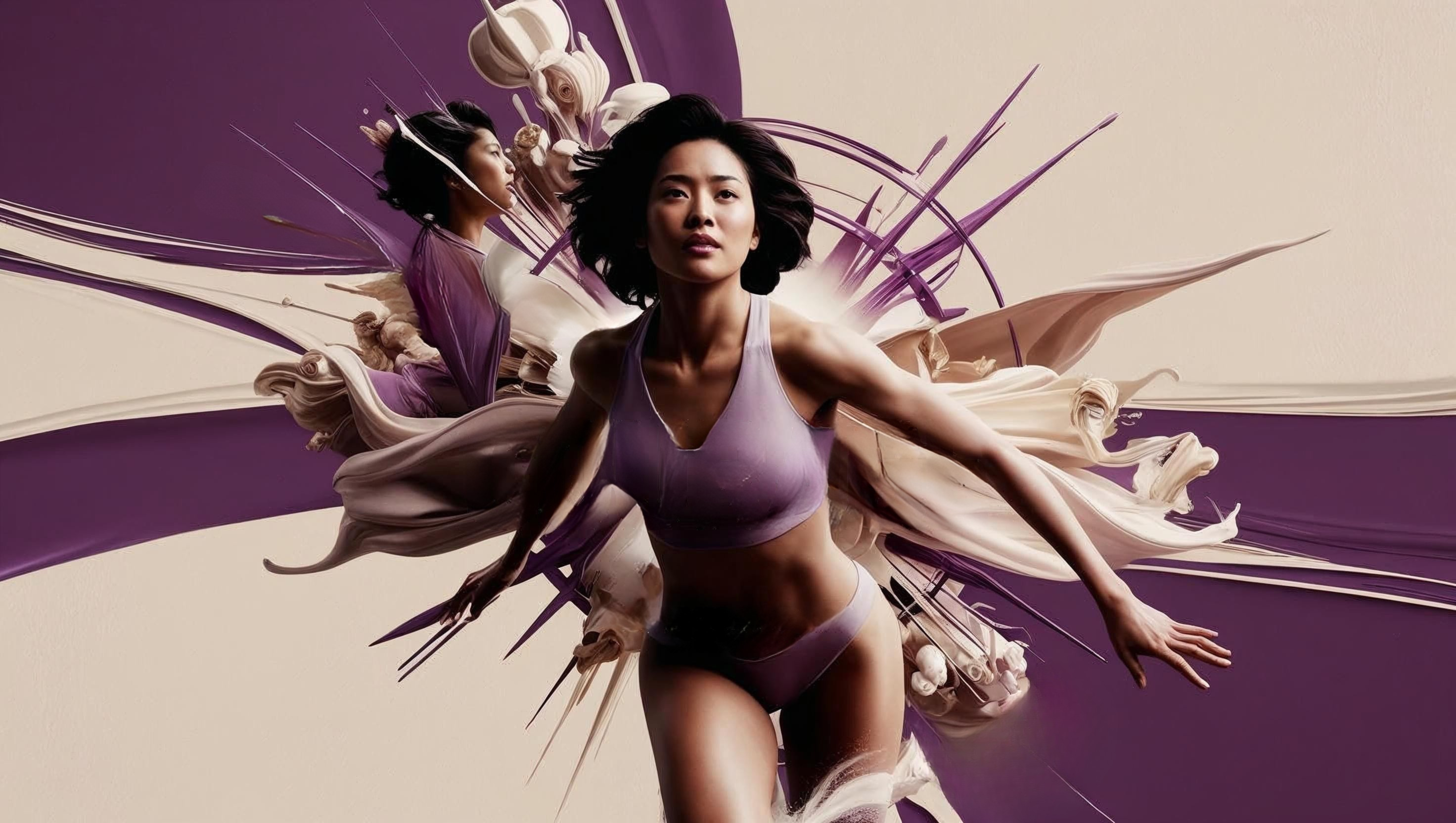 A woman in lavender sports attire running forward with flowing, abstract purple and cream shapes behind her, symbolizing power and transformation