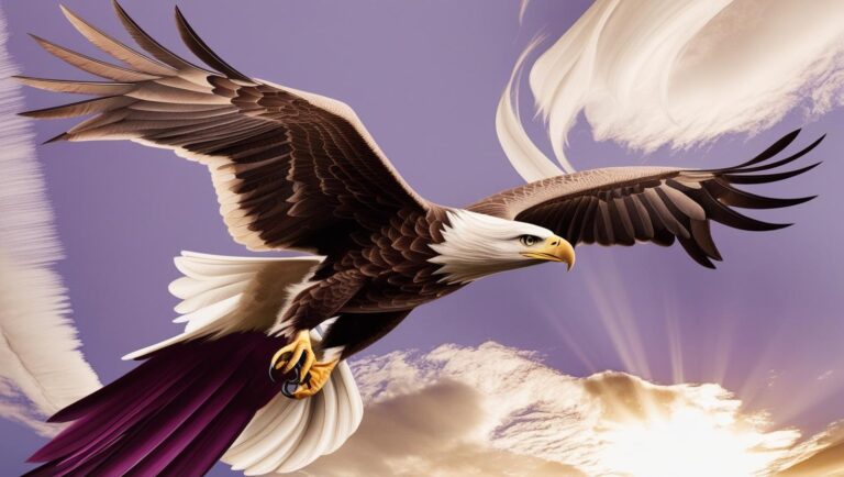 A bald eagle with wings fully extended, soaring against a soft purple sky, symbolizing freedom and strength.